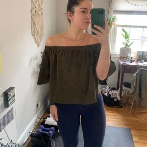 Off the shoulder suede deep olive green top